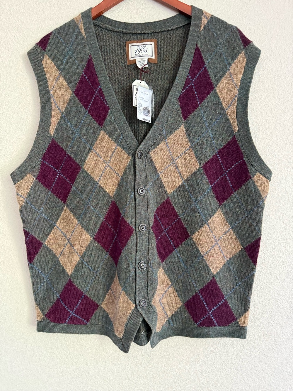 Jos. A. Bank Men's 80% Wool Argyle Button-Up Sweater Vest XL
